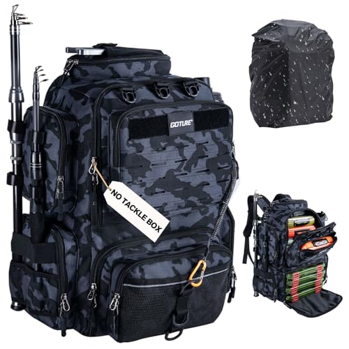Goture Fishing Backpack,900D Water-Resistant Tackle Backpack with Rod Holders,45L Large Fishing Bag Storage Gear Tackle Bag with Rain Cover,Bottle Holder for Travel Camping Hiking(Without Tackle Box) - color: 45L Camo with Bottle Holder