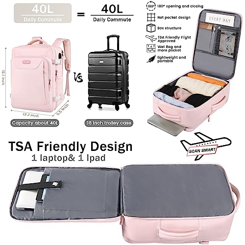 Travel Backpack for Women, Carry On Backpack, TSA 15.6inch Laptop Backpack Flight Approved, College Nurse Bag Casual Daypack for Weekender Business Hiking, Pink - color: Pink