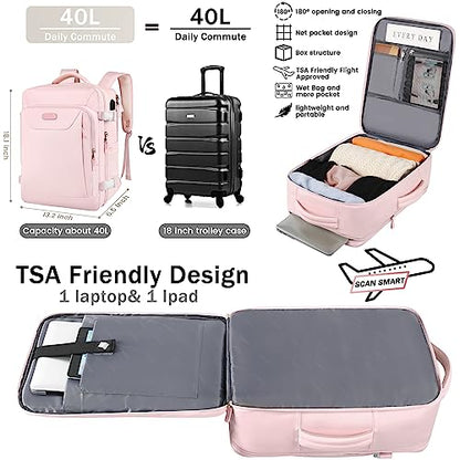 Travel Backpack for Women, Carry On Backpack, TSA 15.6inch Laptop Backpack Flight Approved, College Nurse Bag Casual Daypack for Weekender Business Hiking, Pink - color: Pink