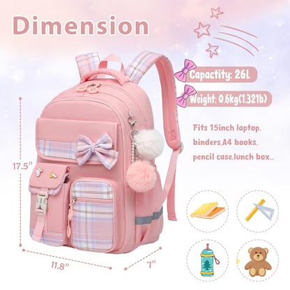 Alrisg Girls School Backpack Preppy Plaid Bookbag Lightweight Backpack for Girls Elementary Middle School Bow Pink - color: Pink, size: 17in