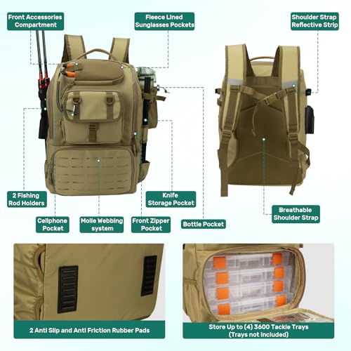 Pyrrhus 40L Fishing Backpack with Rod Holders & Insulated Cooler Compartment, Camping Cooler Tackle Storage for Anglers - color: Khaki