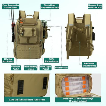 Pyrrhus 40L Fishing Backpack with Rod Holders & Insulated Cooler Compartment, Camping Cooler Tackle Storage for Anglers - color: Khaki