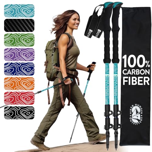 100% Carbon Fiber Trekking Poles by USA Brand - Ultra Strong Lightweight Collapsible Hiking Poles with Cork and EVA Foam Grips & Quick Adjustable Flip Locks - color: EVA Foam - Teal