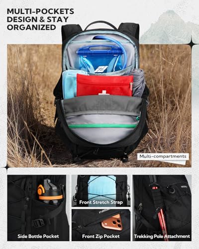 WATERFLY 20L Small Hiking Backpack for Women Men, Lightweight Breathable Back Panel, Chest Strap with Whistle, Fits 2L Water Bladder, Multi-Pocket Bag for Hiking Camping Travel Trekking Outdoor - color: Black