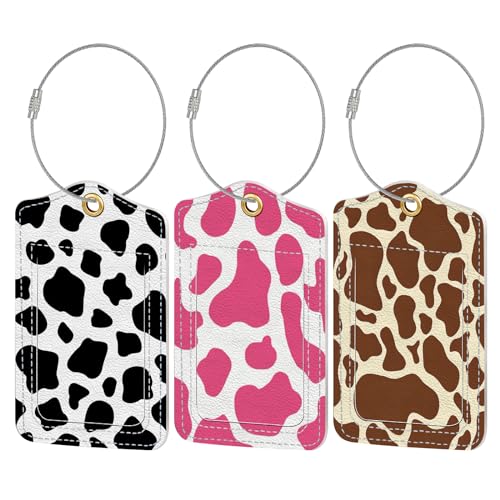 Luggage Tag, 3 Pack Travel Cruise Luggage Tags for Suitcases, Cute Suitcase Tags Identifiers Bag Tags with Privacy Flap, Baggage Name Tag for Women Men Luggage Backpack Handbag School Bag - color: Q_cow-a