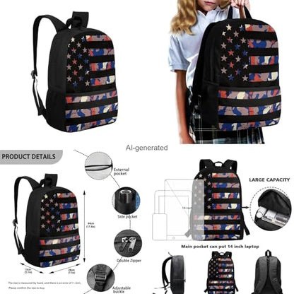 American Flag Camo Backpack for Boys Kids Backpack with Lunch Box Water Bottle Holder with Strap and Big Pencil Case 4PCS Set Bookbag with Front Pocket for School 17" Lightweight School Bag - color: American Flag Camo