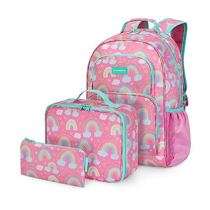mommore Kids Backpack for Boys Girls 4-8 Kindergarten Elementary School Backpack with Lunch Box - 15” H Fit Folder - color: Rainbow, style: 3 Pcs