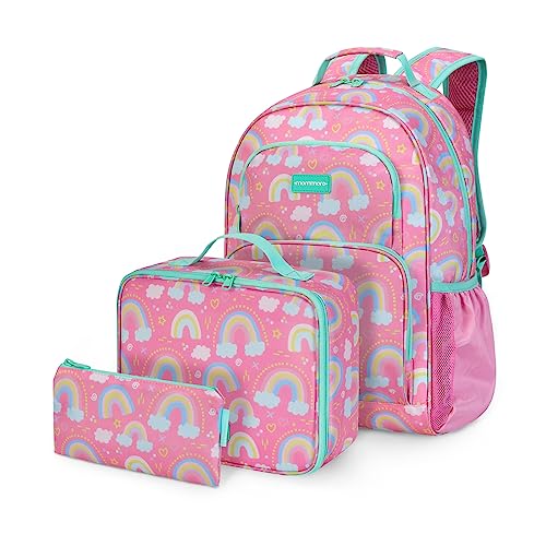 mommore Kids Backpack for Boys Girls 4-8 Kindergarten Elementary School Backpack with Lunch Box - 15” H Fit Folder - color: Rainbow, style: 3 Pcs