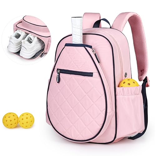 KAVIGOR Pickleball Bag, Quilted Pickleball Backpack with Shoe Compartment & Waterproof Pocket, Pickle Ball Paddle Bag Fits 2 to 4 Paddles for Women and Men - color: Pink