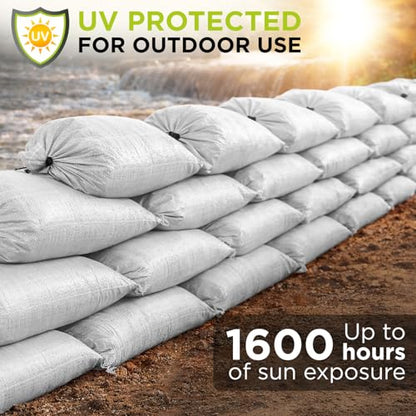 Heavy Duty Sand Bags Pack of 24, White Empty Sandbags with Built-In Ties, Woven Polypropylene UV Protection 1600 Hours, Fillable Bags for Flood Control, Weight, 20x36 inches, 100 Pounds Volume - size: 20"W x 36"L, style: Pack of 24