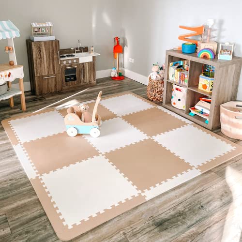 Extra Thick Baby Play Mat Tiles Non-Toxic Foam Floor Puzzle Mat Extra Large Interlocking Activity Playmat for Infants Toddlers Kids Crawling Tummy Time 74x74 Inches (Beige/White) - color: Beige/White