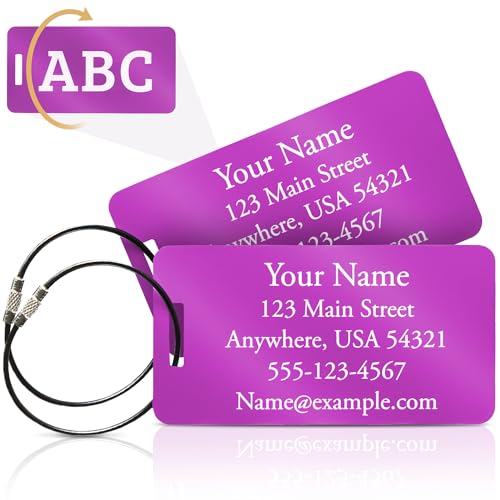 Personalized Aluminum Luggage Tags – Permanent Laser Engraved Metal Suitcase Tags for Travel – Custom Name & Contact ID for Checked Bags & Carry On – Set of 2 (Purple) - color: Purple