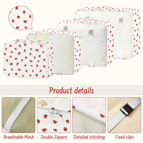 9 Set Packing Cubes for Travel Essentials - Lightweight Carry-On Luggage Organizer Bags with Shoe, Clothes & Laundry Bags for Airplane, Family & Business Travel, Beige strawberry - color: Beige strawberry