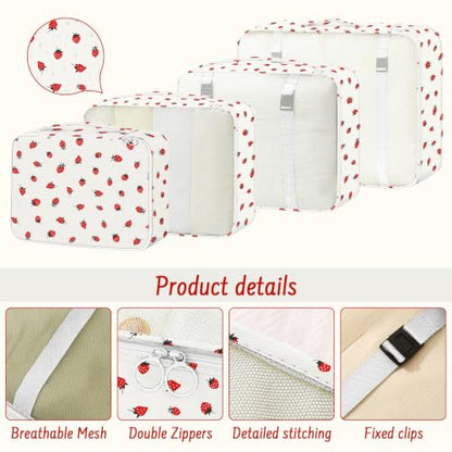 9 Set Packing Cubes for Travel Essentials - Lightweight Carry-On Luggage Organizer Bags with Shoe, Clothes & Laundry Bags for Airplane, Family & Business Travel, Beige strawberry - color: Beige strawberry