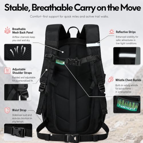 Haimont 15L Lightweight Hiking Daypack, Black | 1.19 lb Carry, Hydration Sleeve, Trekking Pole Loops, Breathable Back Panel, Whistle - color: Black
