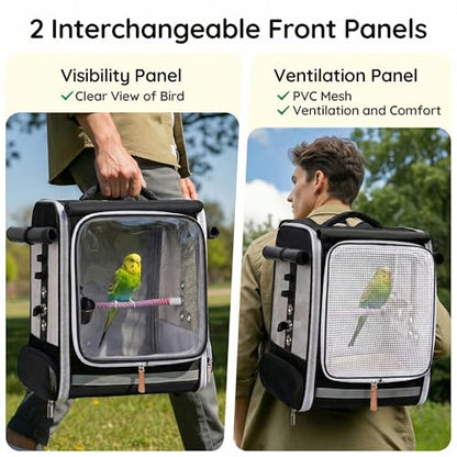 Mancro Bird Carrier Backpack for Small Birds, Cockatiel, Parrot, Bird Backpack with Tray and Standing Perch, Bird Travel Carrier Cage with Clear Window and Breathable Mesh Front for Vet Visits