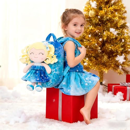 Gloveleya Toddler Backpack Baby Girl Gifts Plush Curly Girl Doll Backpacks Blue Dress with Glitter Stars 9 inches - color: A001 Hot Stamping Blue Backpack, size: 9 inches