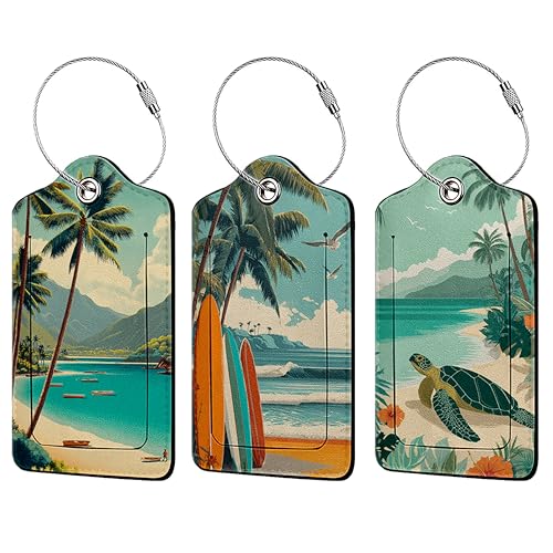 Vintage Coastal 3 Pack Luggage Tags,Sea Turtle PU Leather Luggage Tags for Suitcase, Name ID Labels with Privacy Cover Suitcases and Metal Loop for Travel Bag Suitcase - color: Vintage Coastal
