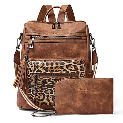 Shrrie Backpack Purse for Women Leather Backpack Fashion Designer Travel Backpack Convertible Shoulder Bag - color: 2-7 Brown With Lopard