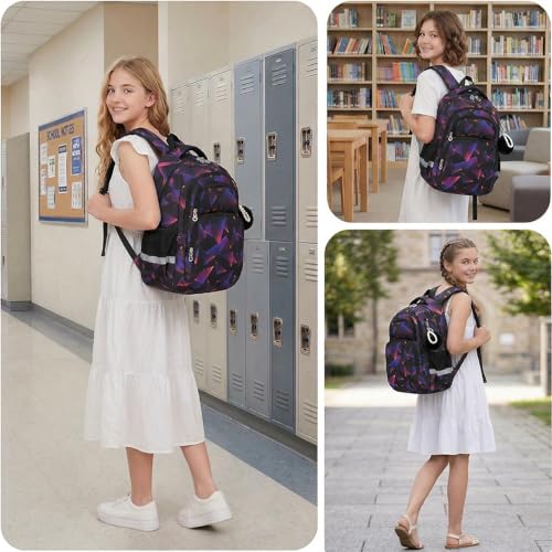 Cusangel kids Backpack for School Boys Girls 6-12ages,16in Bookbag Stitch,durable Water Resistant,7 Pockets, Adjustable Chest Strap,Reflective Strip,Large For Travel,Gifts(Black Purple) - color: Black Purple-17in