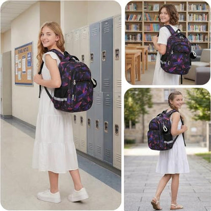 Cusangel kids Backpack for School Boys Girls 6-12ages,16in Bookbag Stitch,durable Water Resistant,7 Pockets, Adjustable Chest Strap,Reflective Strip,Large For Travel,Gifts(Black Purple) - color: Black Purple-17in