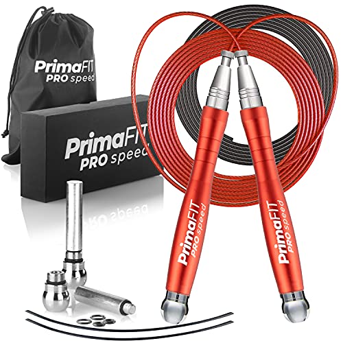 PrimaFIT Jump Rope Pro Speed Skipping Rope Adjustable Adult Jumping Rope Weighted Aluminium Handles for Double Dutch Boxing Workout Crossfit Exercise Fitness Spare Cable Weights Protectors Carry Bag - color: Red