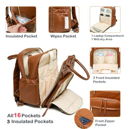 Leather Diaper Bag Backpack for Women with Multiple Pockets,Laptop Compartment and Changing Pad. - color: Brown