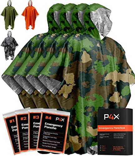 PREPARED4X Emergency Mylar Poncho – Survival Rain Poncho with Hood – Lightweight, Compact, Reusable Emergency Blanket Poncho for Hiking, Camping, Thermal Gear, Car Kit, Outdoors - color: Green Camo 4-pack