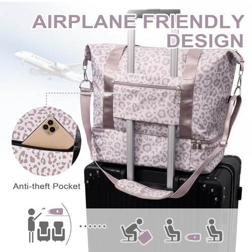 WOOMADA Weekender Bag for Women, Travel Duffel Bags with Shoe Compartment & Wet Pocket, Personal Item Bag for Airlines - color: Brown Leopard