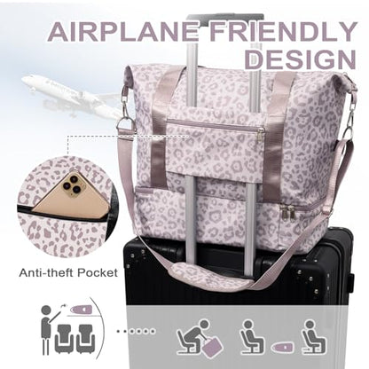 WOOMADA Weekender Bag for Women, Travel Duffel Bags with Shoe Compartment & Wet Pocket, Personal Item Bag for Airlines - color: Brown Leopard