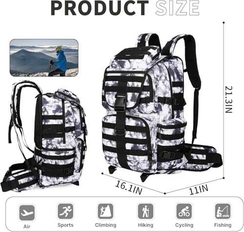 50L Military Tactical Backpack 3 Day Assault Pack Molle Daypack Hiking Backpack for Men and Women - color: Blackwhite Tie-dye