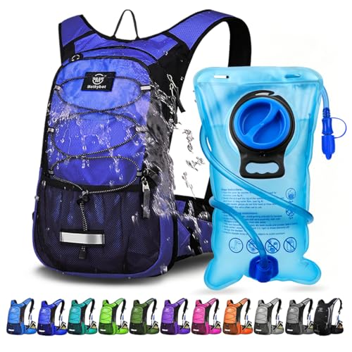 Mothybot Insulated Hydration Backpack Pack with 3L BPA Free Leak Proof Water Bladder, Large Storage Lightweight Hiking Daypack with Waist Pouches & Cooler Layer, for Running, Biking, Camping, Festival - color: Dark Blue