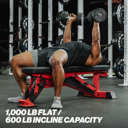 Titan Fitness TITAN Series Adjustable Bench, Supports 600 LB Incline, 1,000 LB Flat, Versatile Single Post Utility Workout Bench for Home Gym, Weightlifting, Strength Training - color: Red