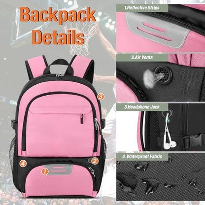 OCKLILY Basketball Backpack - Large Sports Equipment Bag with Ball Holder & Shoe Compartment, Sport Bags for Basketball, Soccer, Volleyball, Gym, School and Travel, 30L - color: Pink
