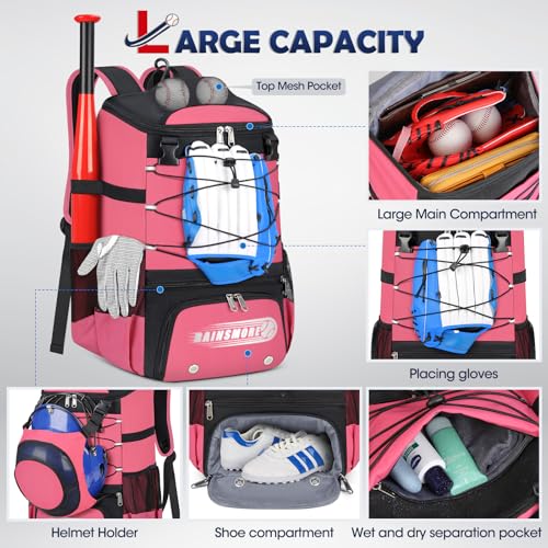RAINSMORE Baseball Bag for Youth & Adult Lightweight Softball Bat Bag with Shoe Compartment, External Helmet Holder and Fence Hook Waterproof Baseball Backpack Hold T-Ball, Bat and Softball Equipment - color: Pink