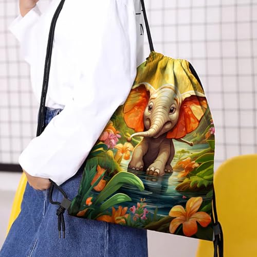 Drawstring Backpack Draw String Bag Waterproof for Sports Gym Beach Travel Cute Aesthetic Sackpack Men Women (13"×17")-Elephant - color: S-7-elephant