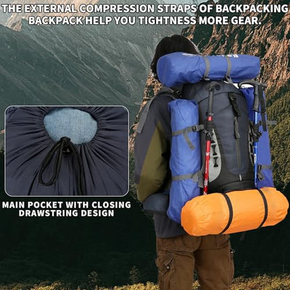 75L Hiking Backpack with Rain Cover Waterproof Camping Backpack Shoes Warehouse for Men Women, Frameless - color: Navy, size: 60L