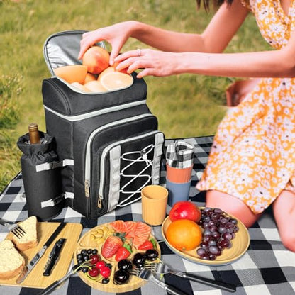 Hap Tim Picnic Basket Backpack for 4 Person with Blanket, Insulated Leakproof Cooler Compartment, Wine Holder, Cutlery Set, Engagement Gifts for Couples, White Elephant Gift Ideas, Black (36221-DG) - color: Dark Grey