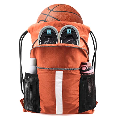 BeeGreen Drawstring Backpack Bag with Shoe Compartment, X-Large Black Gym Sports String Cinch Backpack - color: Orange