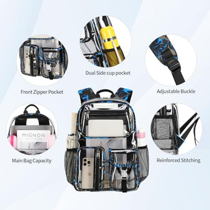 Cusangel Clear School Backpack,Heavy Duty Clear Backpack,16.5 x12 x5inch TPU Large Capacity See Through bookbag for Sport Events,Travel (Blue) - color: Blue