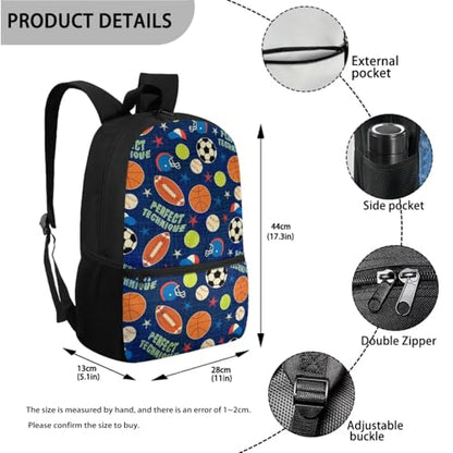 ZOUTAIRONG Backpack and Small Thermos with Carry Handle School Bags for Girls, Baseball Basketball Soccer Print Large Capacity & Lightweight Bookbag with Side Pockets - color: Baseball Basketball Soccer