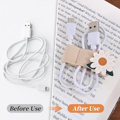 2 PCS Cord Organizer,Cord Keeper,Cable Organizer USB Holder,Cable Straps,Earbud case,wrap Headphone,Headset Winder,Earphone Clips Ties,stocking stuffers Gifts for Women Leather Sunflower - style: Sunflower