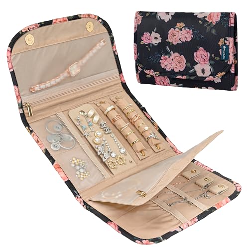 PAVILIA Travel Jewelry Case Organizer, Foldable Jewelry Roll Bag for Earrings, Rings, Necklaces, Bracelets, Accessories, Compact Travel Pouch Wallet for Women, Anti-Tangle (Floral Black) - color: Floral Black