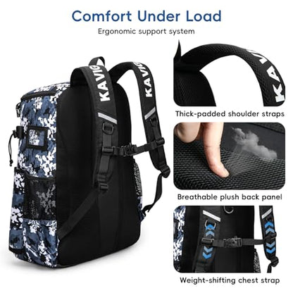 KAVIGOR Lacrosse Bag 65L, Extra Large Lacrosse Gear Backpack with Multi-Pocket Design, Helmet Holder & Ventilated Shoe Compartment - color: Camo Blue