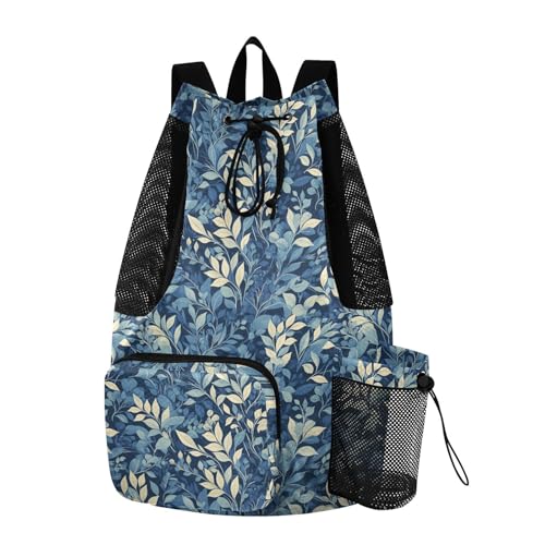Yuiboo Blue Leaf Women Mens Drawstring Backpack Sport Gym Sackpack with Water Bottle Holder String Bag for School Wet and Dry Separation