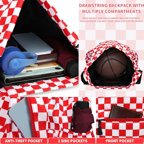 Drawstring Backpack for Women Drawstring Gym Bag Water Resistant Small Cinch Sack Pull String Backpack Bag (Checkered-Pink) - color: Checkered-pink
