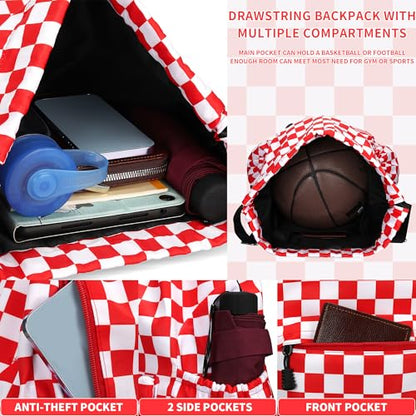Drawstring Backpack for Women Drawstring Gym Bag Water Resistant Small Cinch Sack Pull String Backpack Bag (Checkered-Pink) - color: Checkered-pink