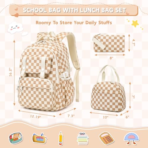 MUSEVOS Girls Backpack with Lunch Bag, Elementary Middle School Backpack, Large Capacity Kids Bookbag 3 Pcs Set - color: Khaki-3pcs-set