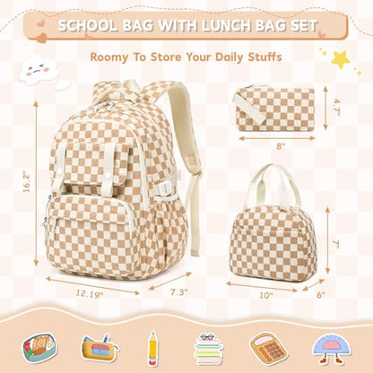 MUSEVOS Girls Backpack with Lunch Bag, Elementary Middle School Backpack, Large Capacity Kids Bookbag 3 Pcs Set - color: Khaki-3pcs-set