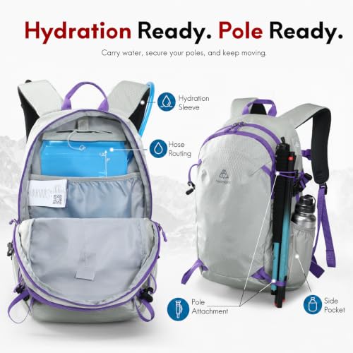 Haimont 15L Lightweight Hiking Daypack, Grey | 1.19 lb Carry, Hydration Sleeve, Trekking Pole Loops, Breathable Back Panel, Whistle - color: Grey